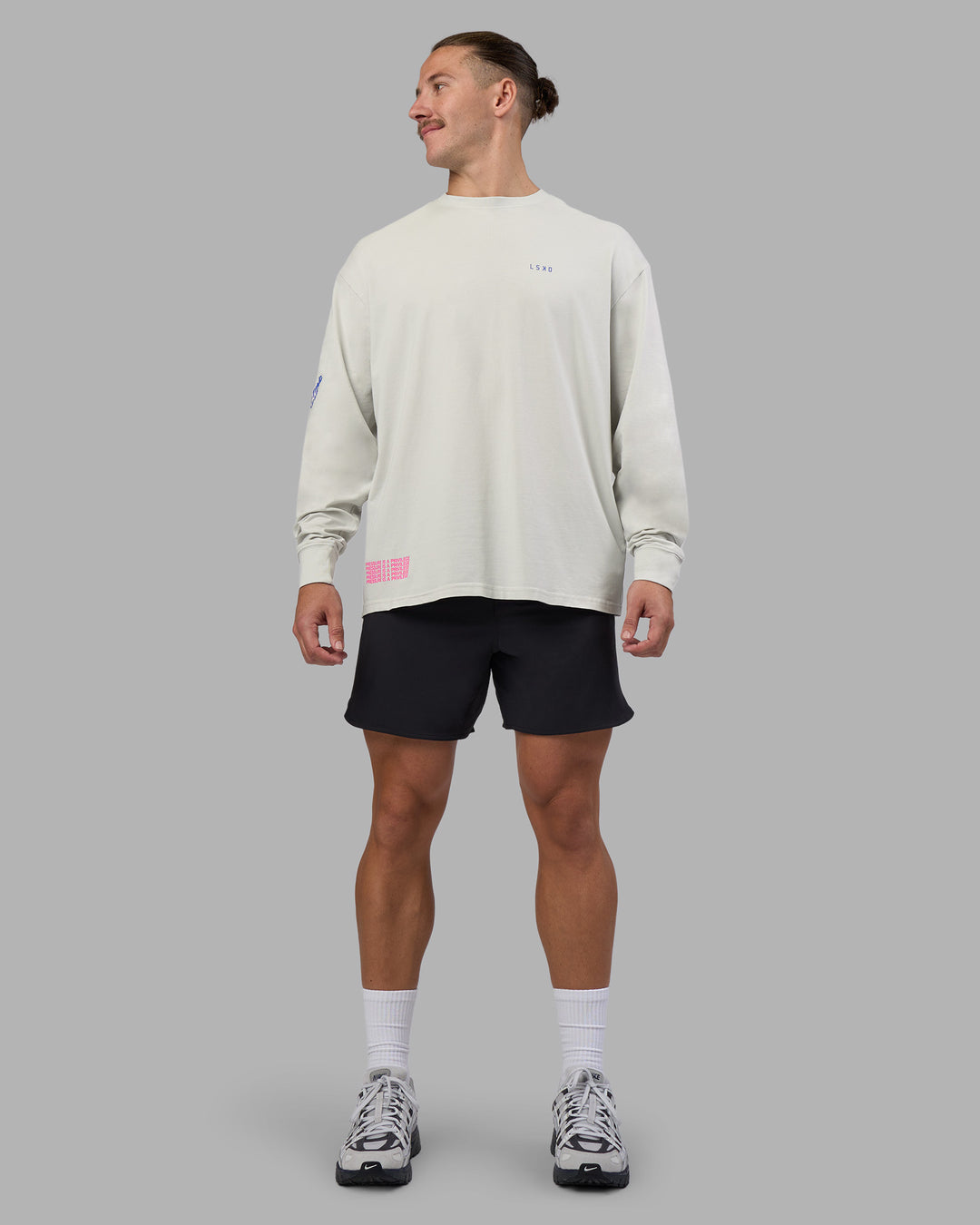 Man wearing Cali FLXCotton Oversized Long Sleeve Tee - Digital Mist Washed | Model:Jaiden | Size:M