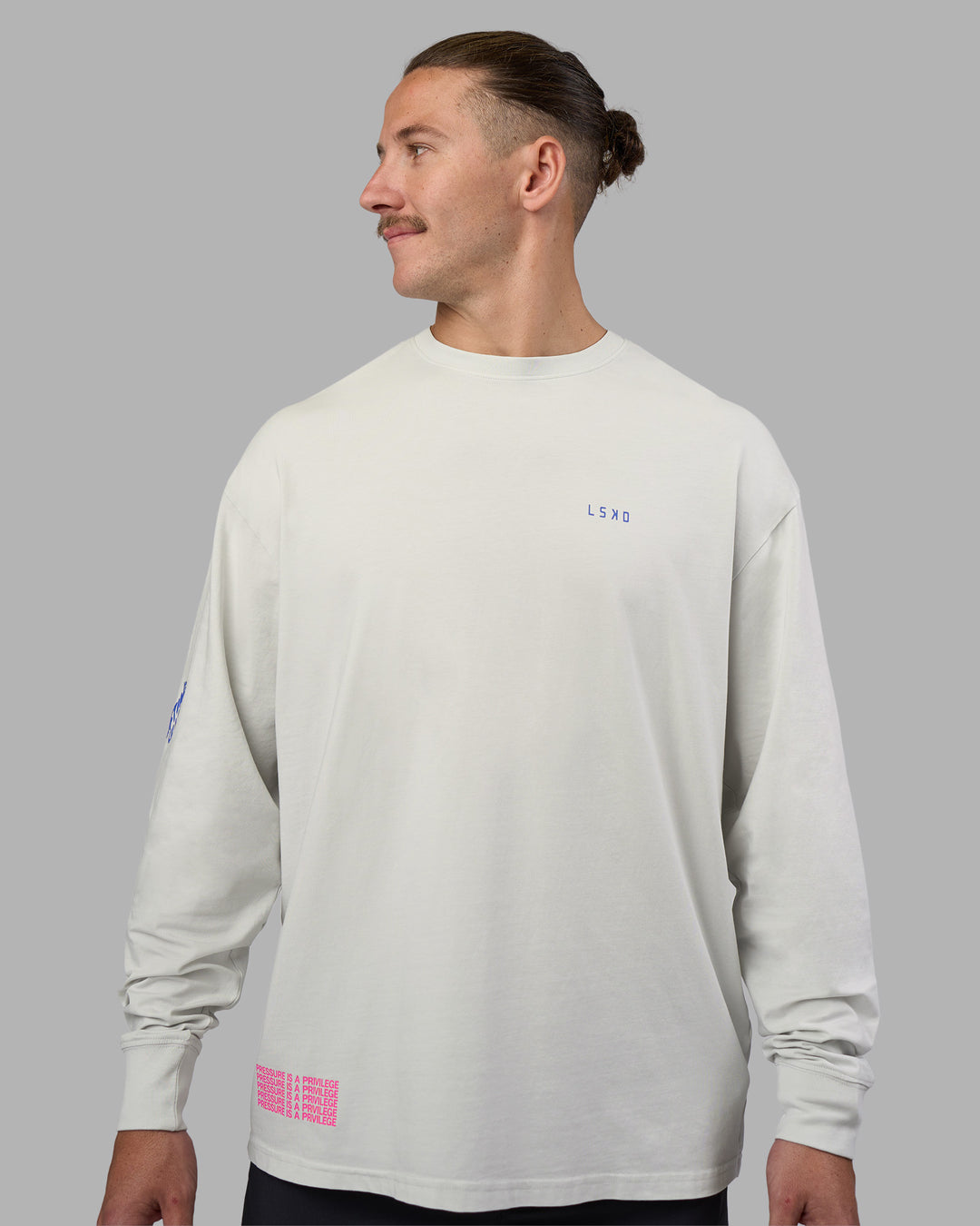 Man wearing Cali FLXCotton Oversized Long Sleeve Tee - Digital Mist Washed | Model:Jaiden | Size:M