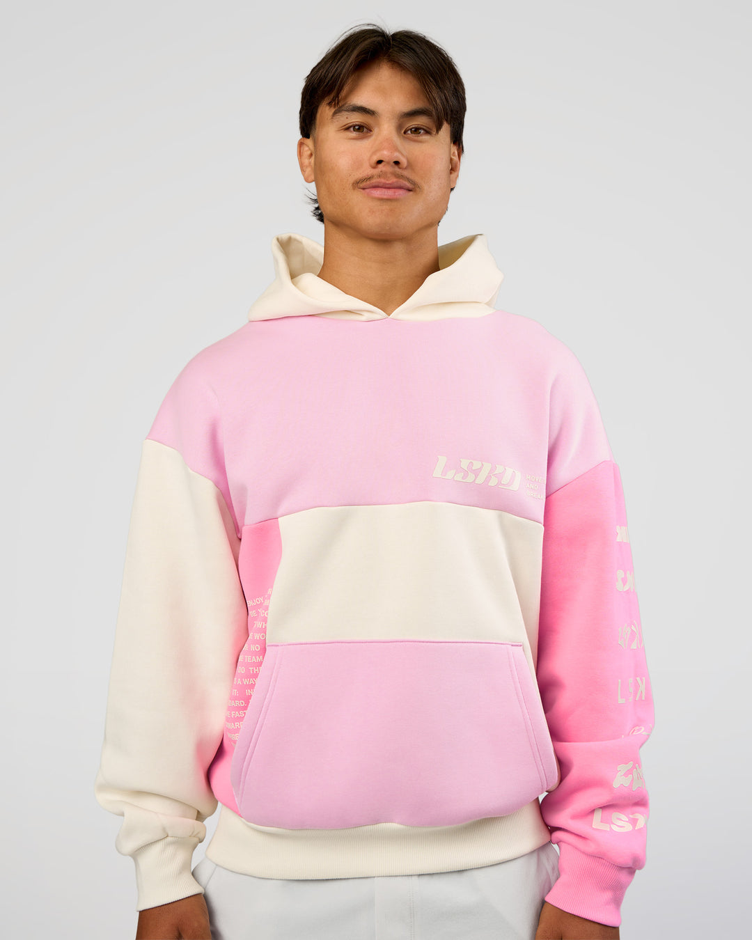 Man wearing Deconstructed Fleece Hoodie - Off White-Marshmallow-Pink | Model:George | Size:M