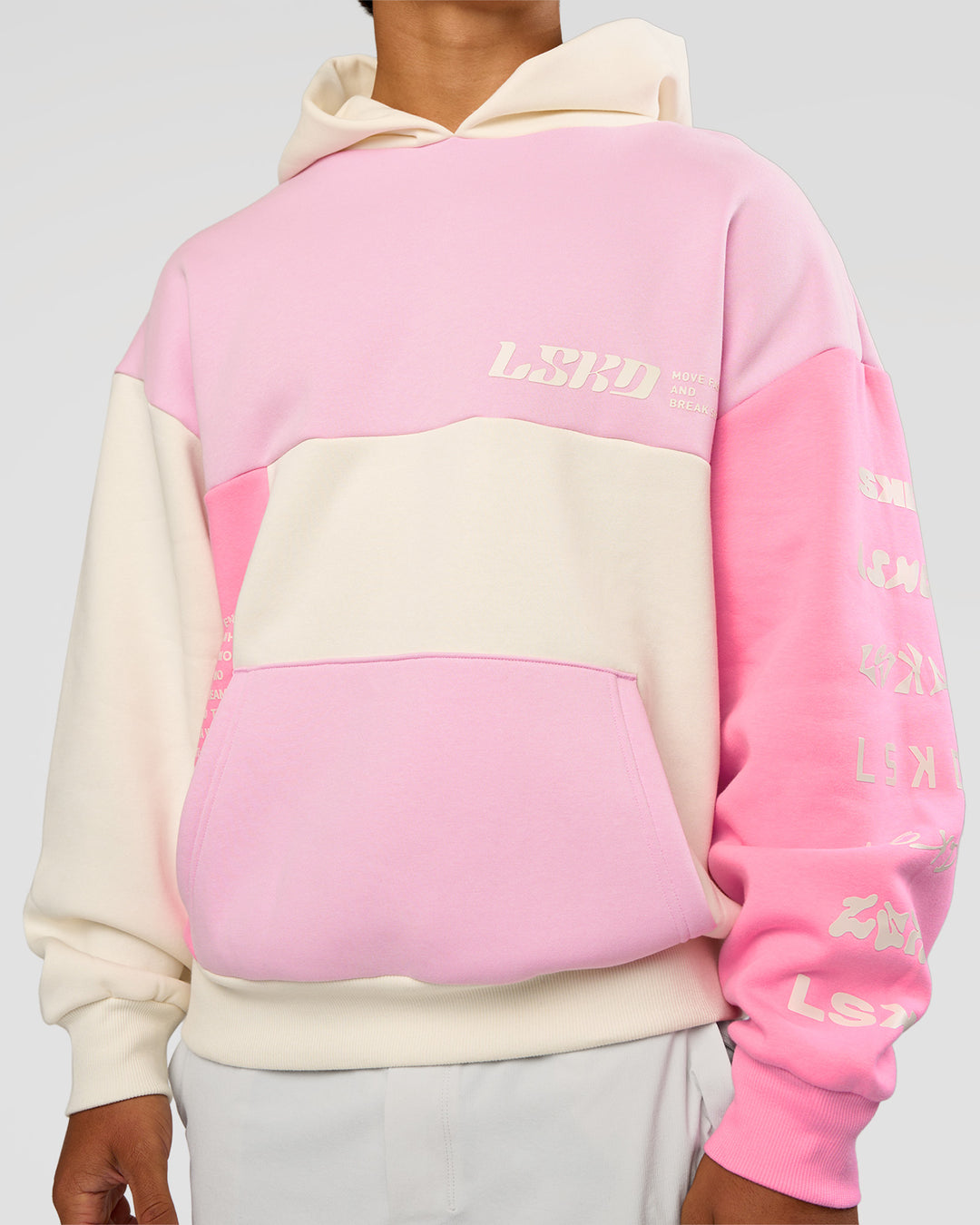 Man wearing Deconstructed Fleece Hoodie - Off White-Marshmallow-Pink | Model:George | Size:M