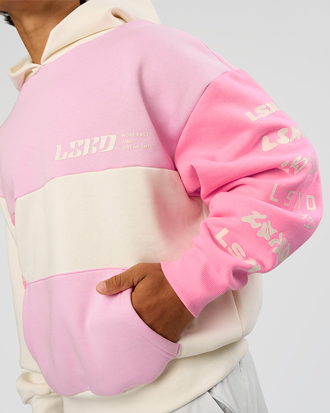 Man wearing Deconstructed Fleece Hoodie - Off White-Marshmallow-Pink | Model:George | Size:M