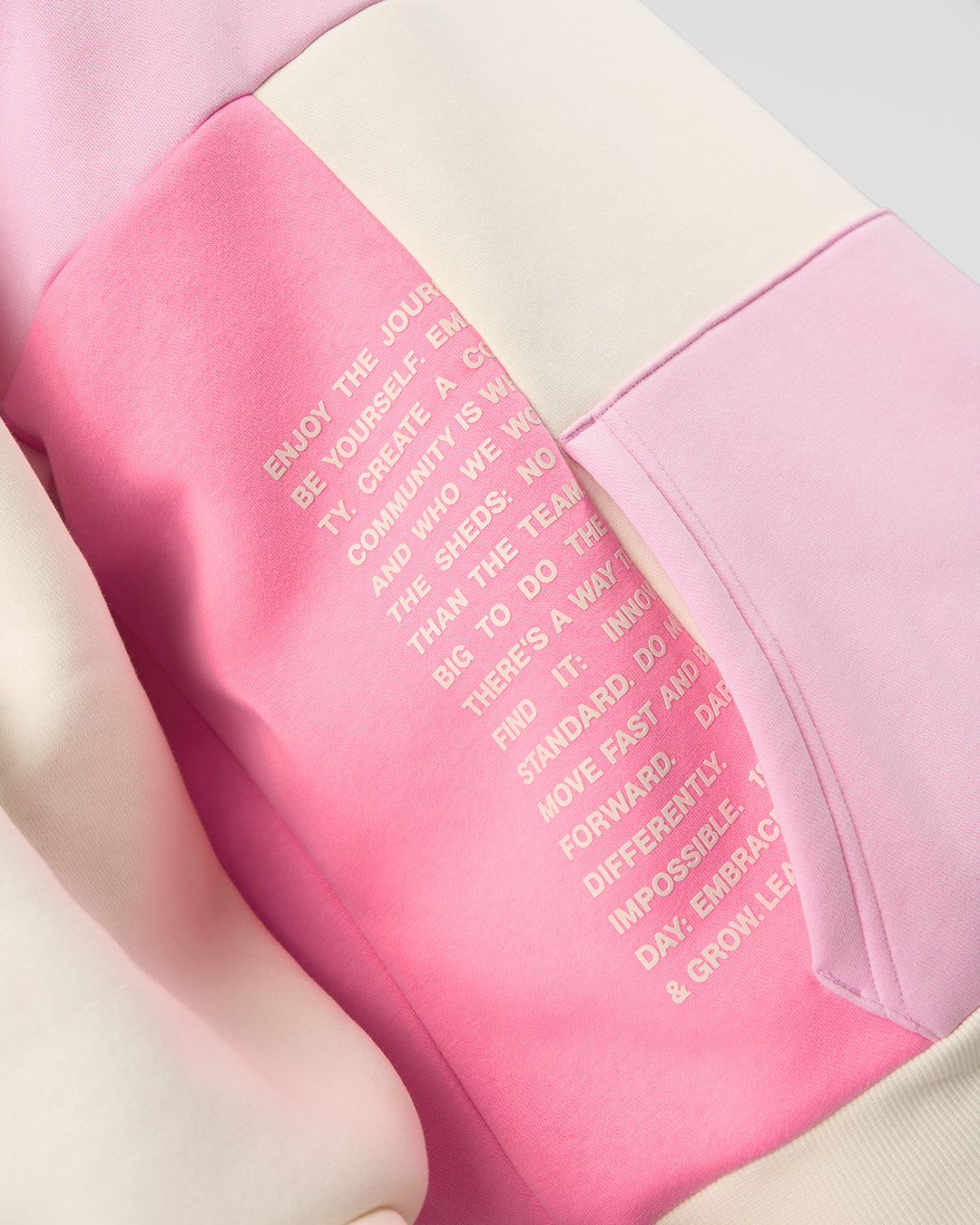 Man wearing Deconstructed Fleece Hoodie - Off White-Marshmallow-Pink | Model:George | Size:M