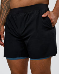 Man wearing Hybrid Lined 5" Short - Black-Indigo | Model:Daarian | Size:M