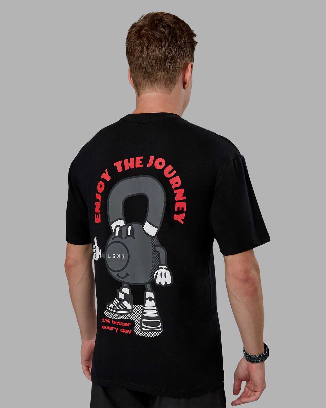 Man wearing Kettlebell Oversized Tee - Black-Scarlet | Model:Cameron | Size:M