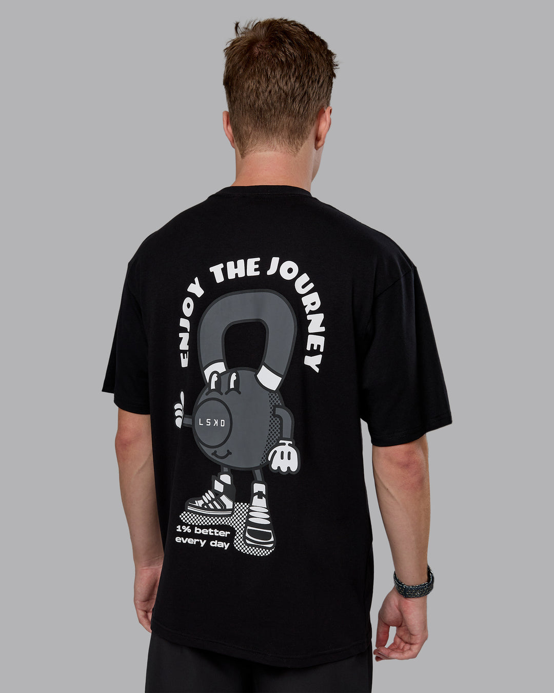 Man wearing Kettlebell Oversized Tee - Black-White | Model:Cameron | Size:M