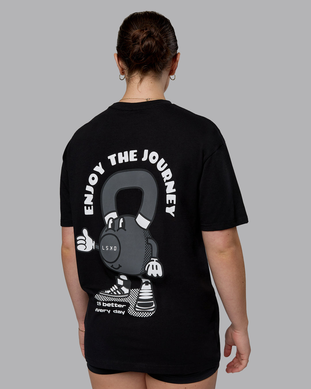 Woman wearing Kettlebell Oversized Tee - Black-White | Model:Sav | Size:XS