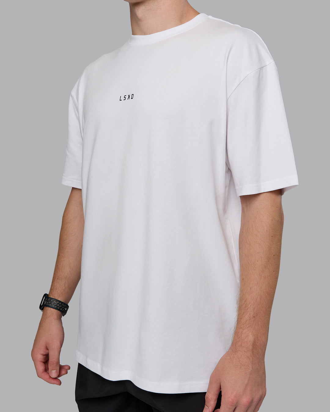 Man wearing Kettlebell Oversized Tee - White-Black | Model:Cameron | Size:M