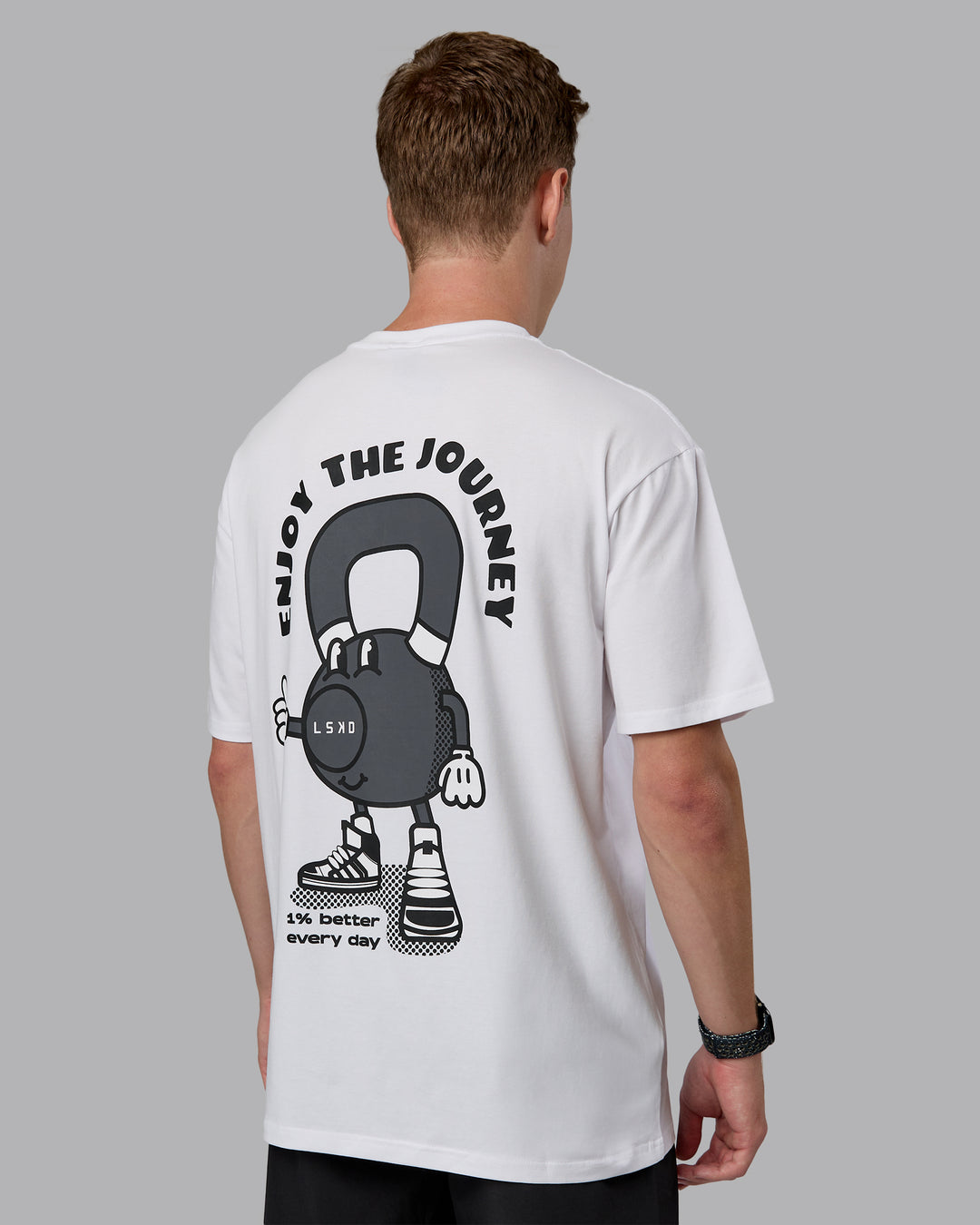 Man wearing Kettlebell Oversized Tee - White-Black | Model:Cameron | Size:M