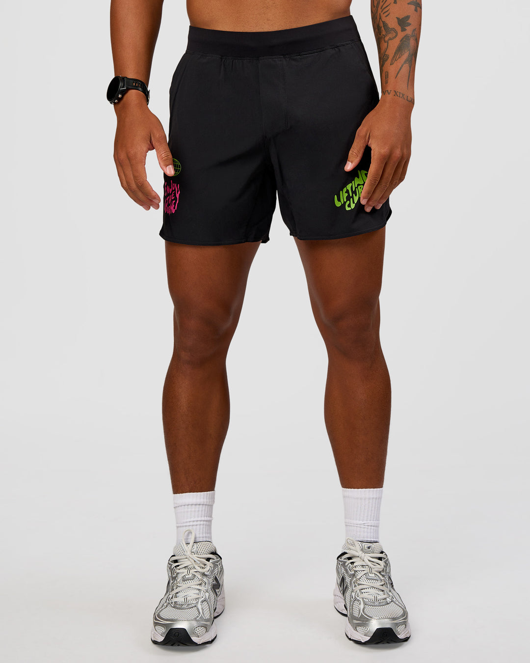 Man wearing Lift 6" Short - Black-Sugar Plum Lime | Model:Malebo | Size:M