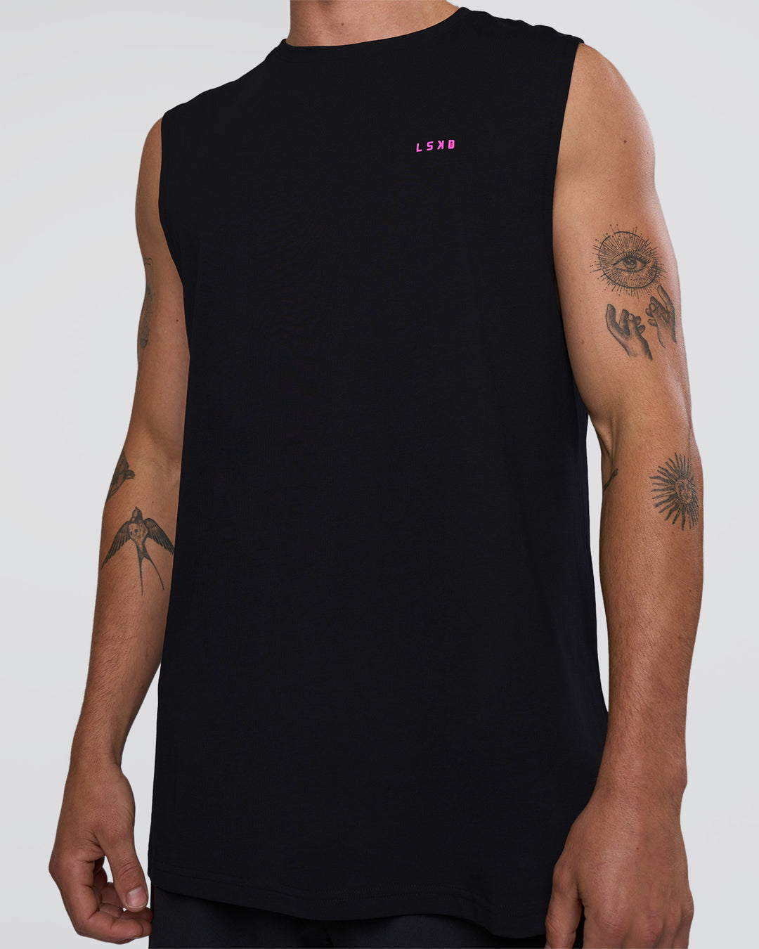 Man wearing Lifting Club FLXCotton Tank - Black-Ultra Fuchsia | Model:Konnor | Size:M