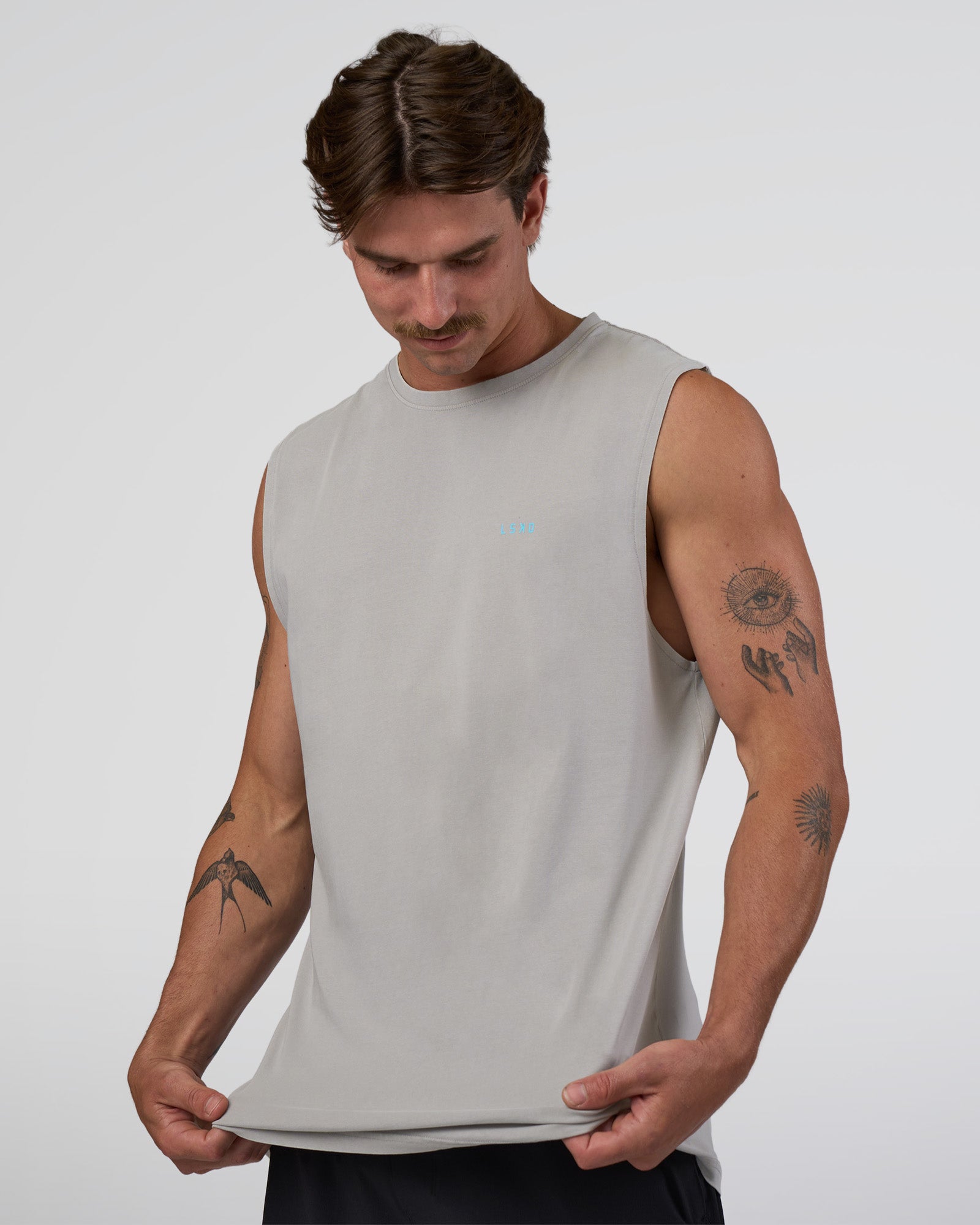 Man wearing Lifting Club FLXCotton Tank - Washed Alloy-Baltic Sea | Model:Konnor | Size:M