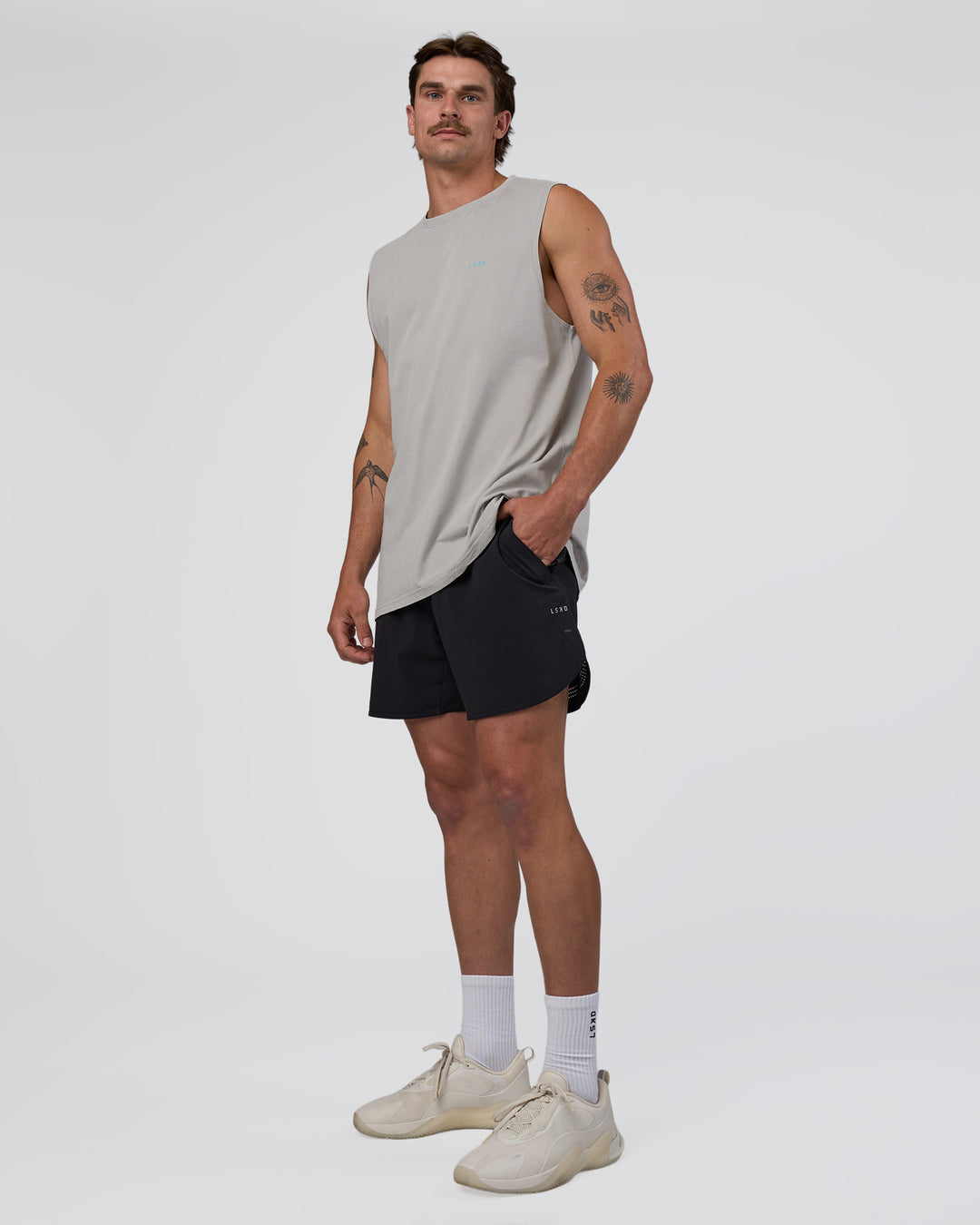 Man wearing Lifting Club FLXCotton Tank - Washed Alloy-Baltic Sea | Model:Konnor | Size:M