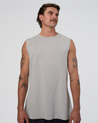 Man wearing Lifting Club FLXCotton Tank - Washed Alloy-Baltic Sea | Model:Konnor | Size:M
