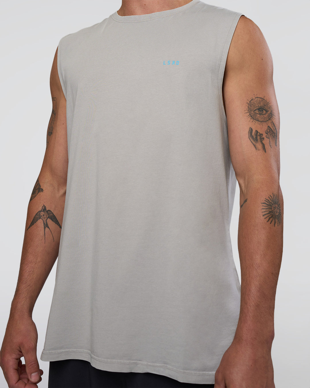 Man wearing Lifting Club FLXCotton Tank - Washed Alloy-Baltic Sea | Model:Konnor | Size:M