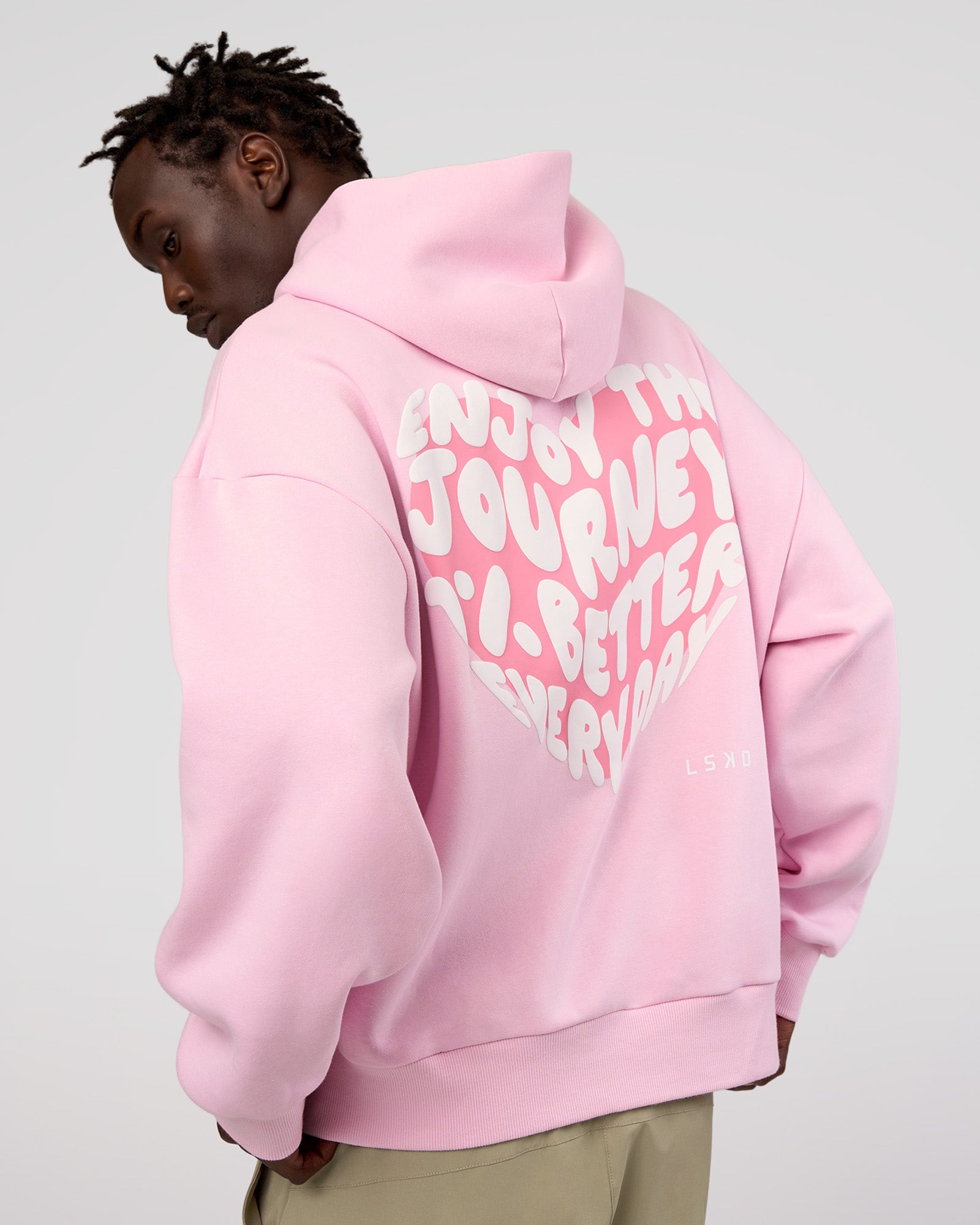 Man wearing Love The Journey Unisex Oversized Hoodie - Marshmallow-White | Model:Okello | Size:M