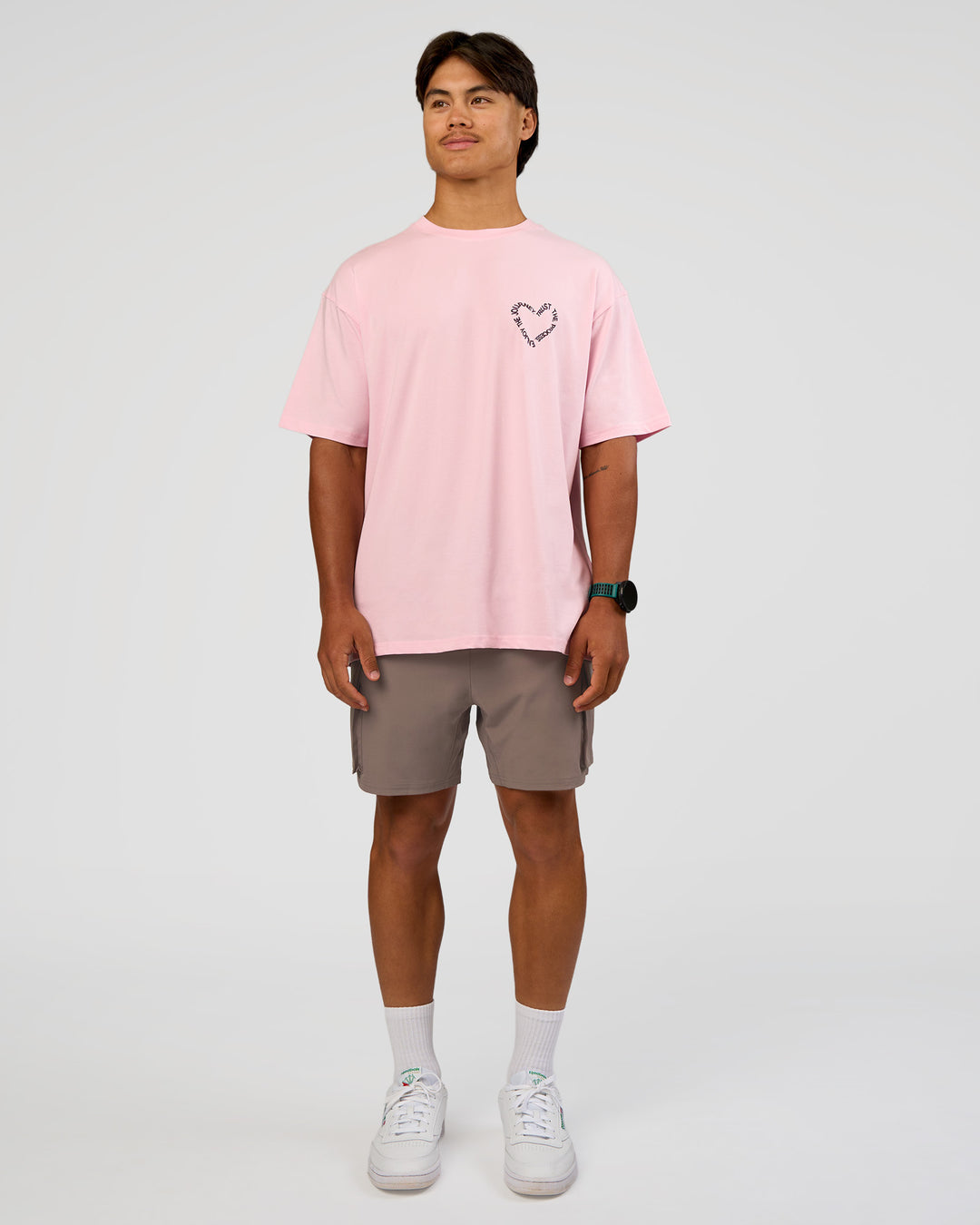 Man wearing Love The Process FLXCotton Oversize Tee - Marshmallow-Midnight Plum | Model:George | Size:M