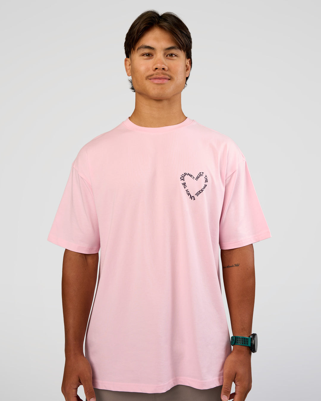 Man wearing Love The Process FLXCotton Oversize Tee - Marshmallow-Midnight Plum | Model:George | Size:M