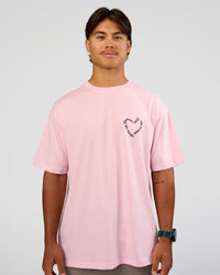 Man wearing Love The Process FLXCotton Oversize Tee - Marshmallow-Midnight Plum | Model:George | Size:M