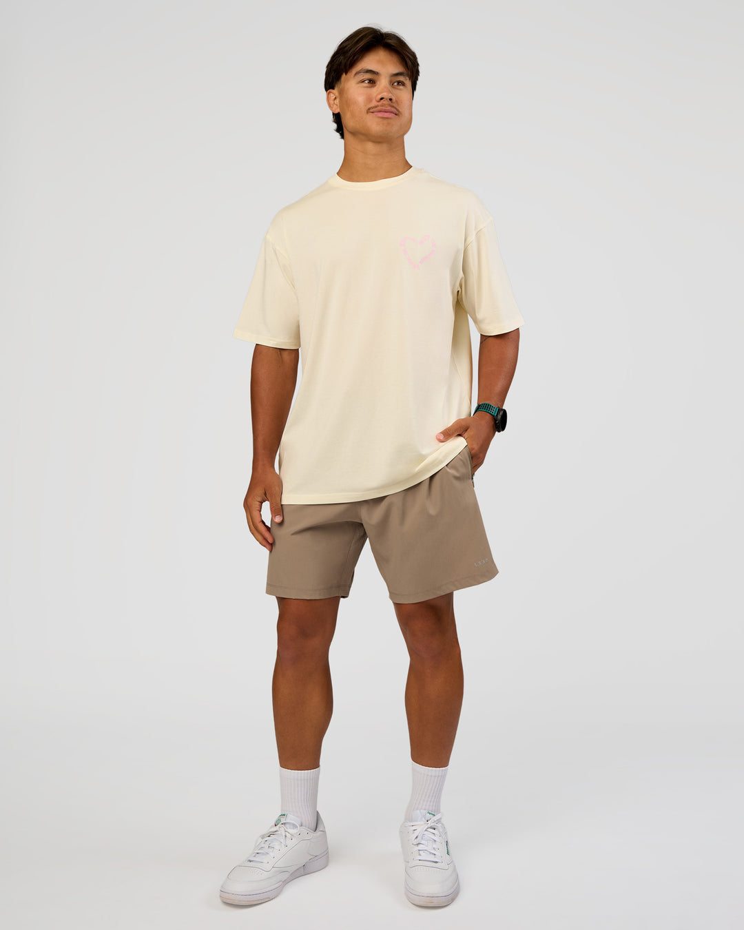 Man wearing Love The Process FLXCotton Oversize Tee - Off White-Marshmallow | Model:George | Size:M
