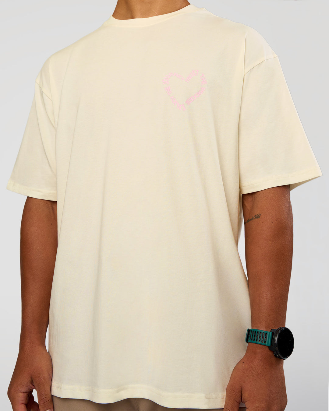 Man wearing Love The Process FLXCotton Oversize Tee - Off White-Marshmallow | Model:George | Size:M