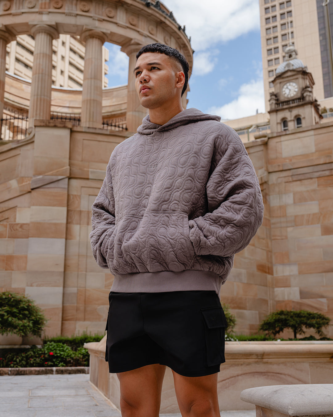Man wearing MVP Quilted Oversized Hoodie - Storm Front-Geometric | Model: | Size: