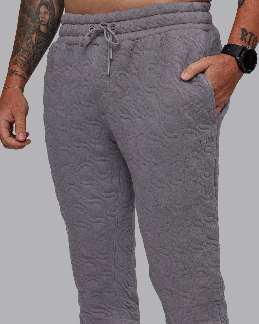 Man wearing MVP Quilted Track Pant - Storm Front-Geometric | Model:Macca | Size:M