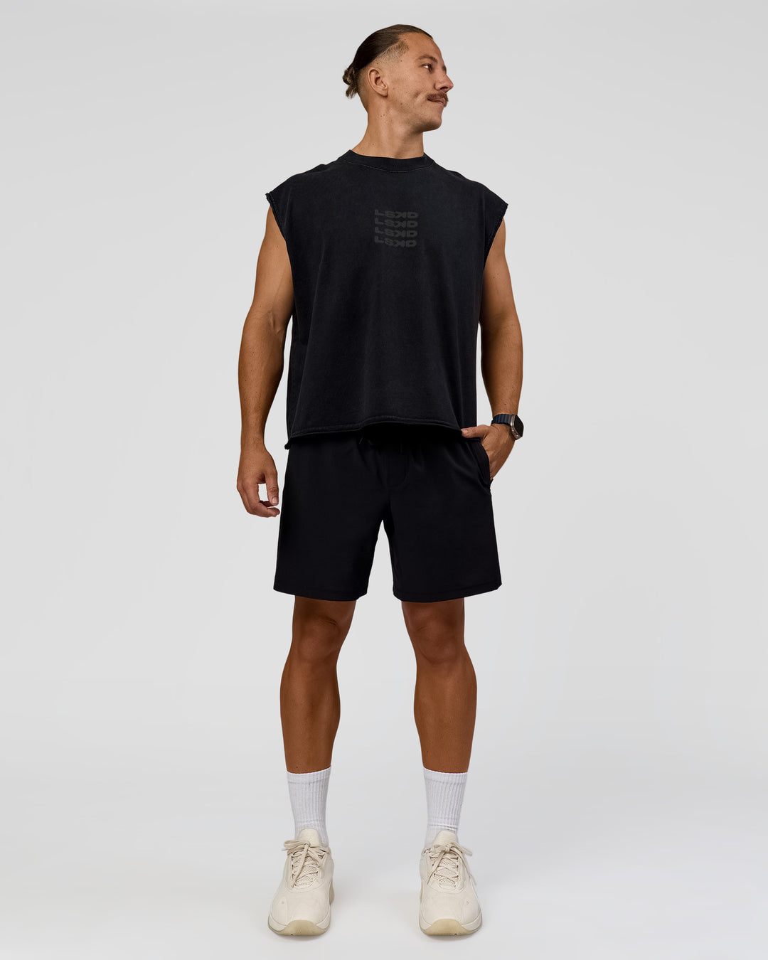 Man wearing Move Fast Heavyweight Boxed Tank - Black Washed | Model:Jaiden | Size:M
