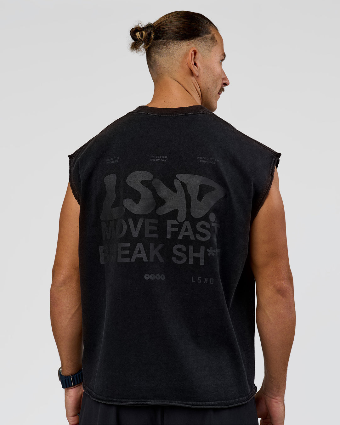 Man wearing Move Fast Heavyweight Boxed Tank - Black Washed | Model:Jaiden | Size:M