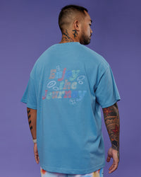 Man wearing Our Journey Heavyweight Oversized Tee - Azure Blue-Rainbow | Model:Justin | Size:M