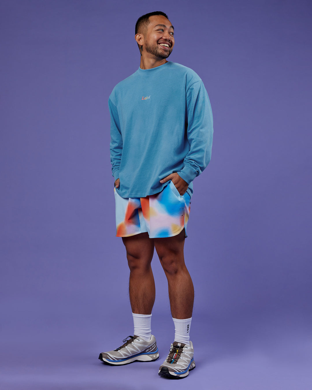 Man wearing Our Journey Oversize Heavyweight FLXCotton Long Sleeve Tee - Azure Blue | Model:Justin | Size:M