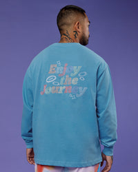 Man wearing Our Journey Oversize Heavyweight FLXCotton Long Sleeve Tee - Azure Blue | Model:Justin | Size:M