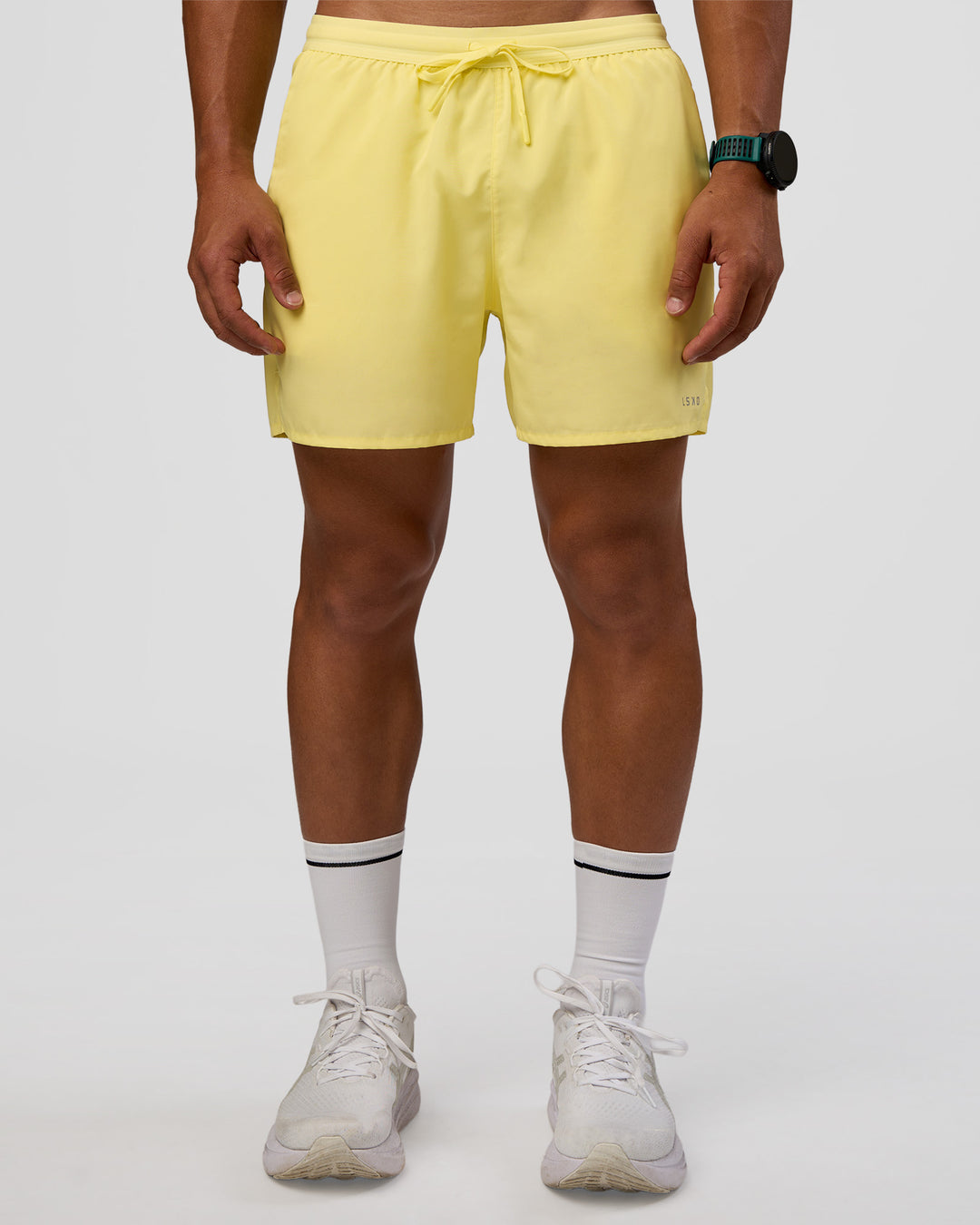 Man wearing Pace 5" Lined Running Short - Yellow Fizz | Model:George | Size:M
