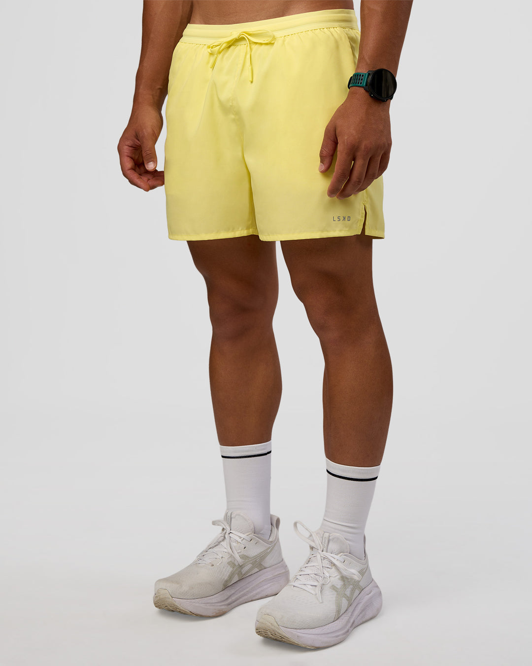 Man wearing Pace 5" Lined Running Short - Yellow Fizz | Model:George | Size:M