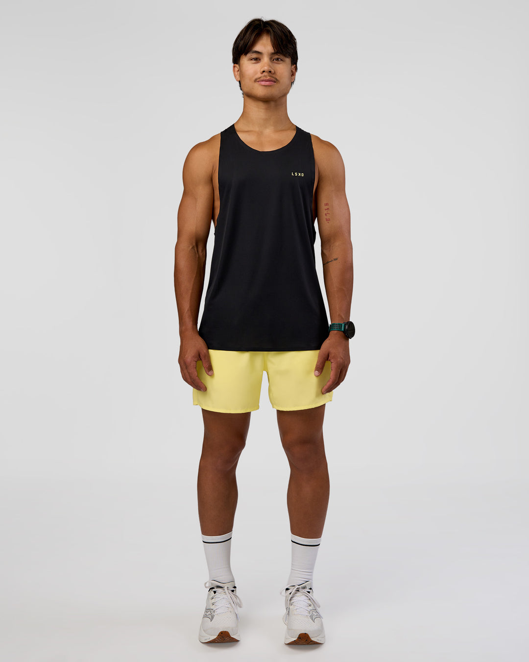 Man wearing Pace 5" Lined Running Short - Yellow Fizz | Model:George | Size:M