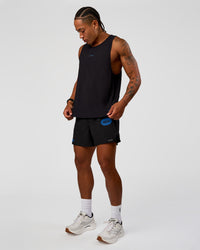 Man wearing Pace 5" Lined Running Short - Black-Palace Blue | Model:Malebo | Size:M