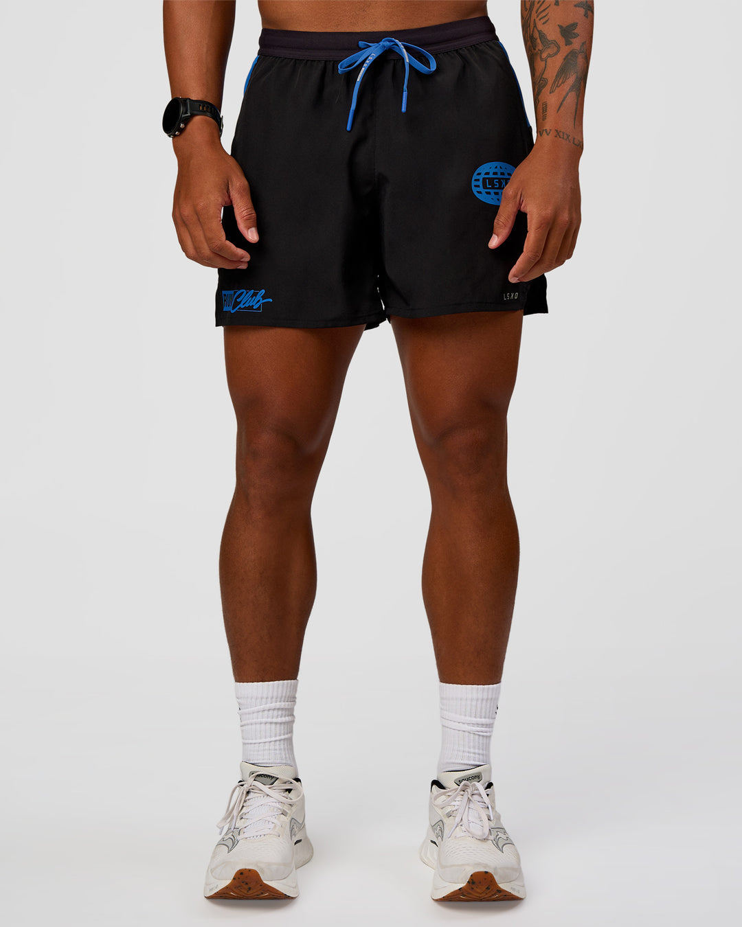 Man wearing Pace 5" Lined Running Short - Black-Palace Blue | Model:Malebo | Size:M