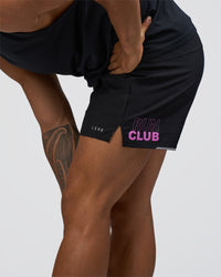 Man wearing Pace 5" Lined Running Short - Black-Ultra Fuchsia | Model:Daarian | Size:M