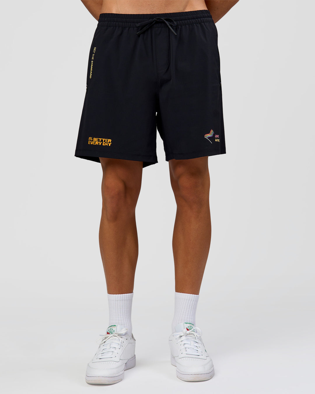 Man wearing Pride Rep 7" Training Shorts - Black - Black | Model:Albert | Size:M