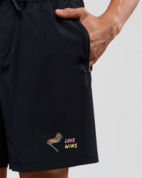 Man wearing Pride Rep 7" Training Shorts - Black - Black | Model:Albert | Size:M