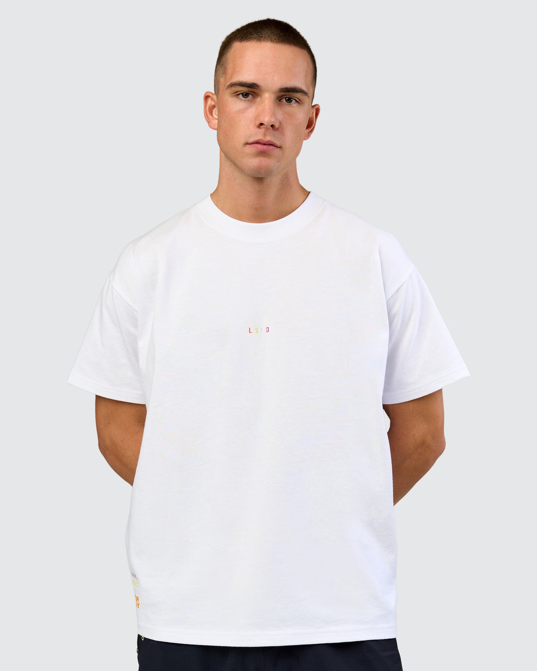 Man wearing Pride Sticker Boxy Tee - White | Model:Albert | Size:M