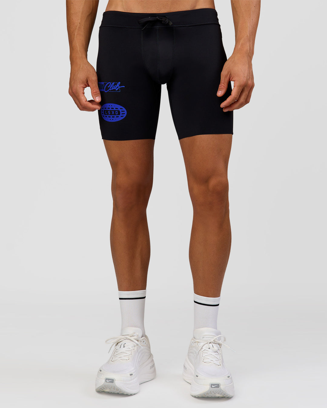 Man wearing Race Day 8" Short Tight - Black-Electric Indigo | Model:Albert | Size:M | - view 3