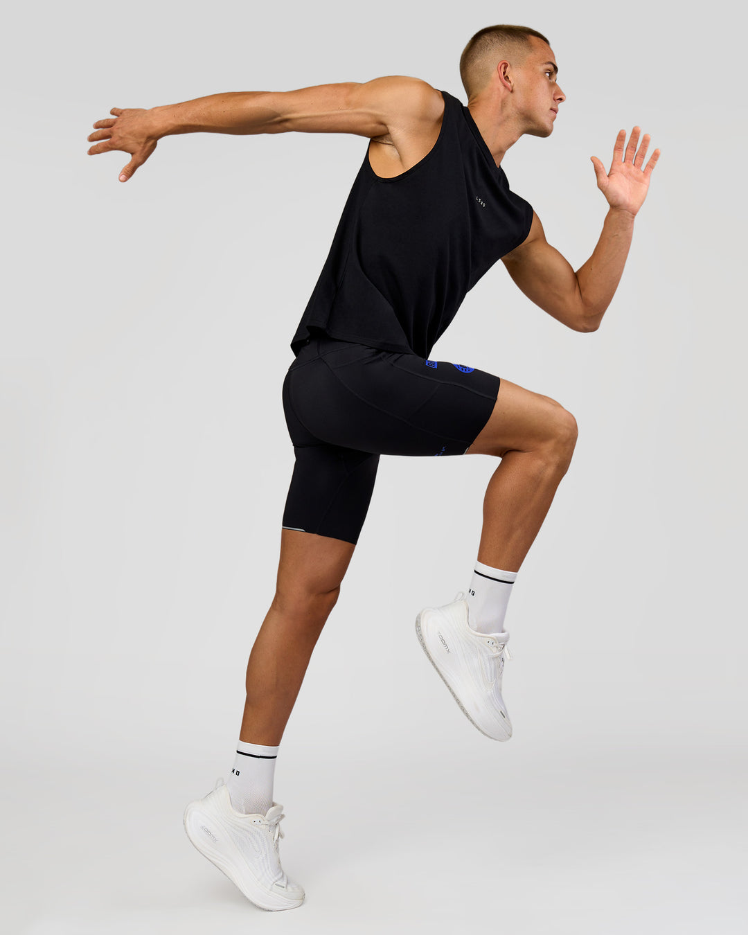 Man wearing Race Day 8" Short Tight - Black-Electric Indigo | Model:Albert | Size:M | - view 2