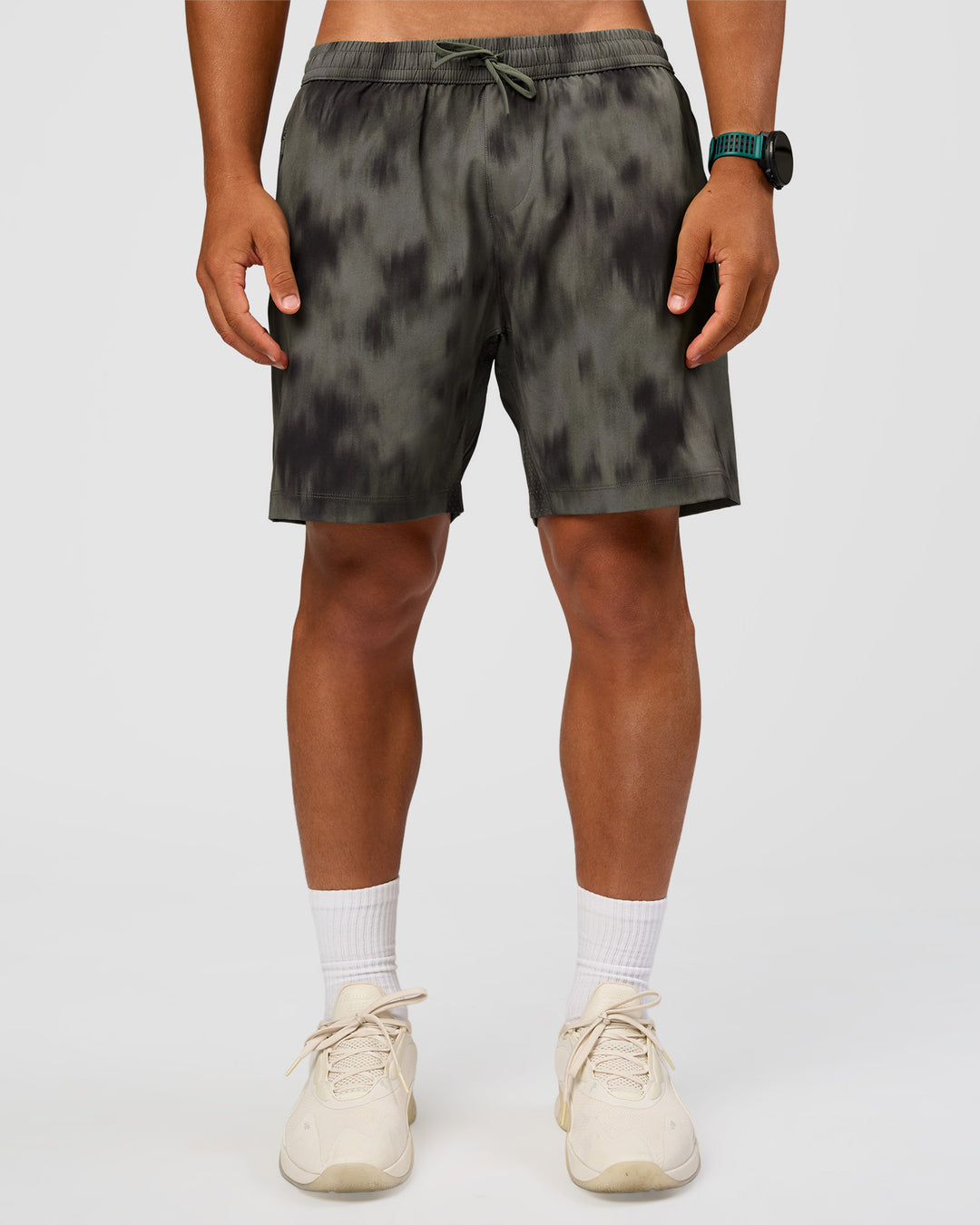 Man wearing Rep 7" Performance Short - Camo Washed Walnut Grey | Model:George | Size:M