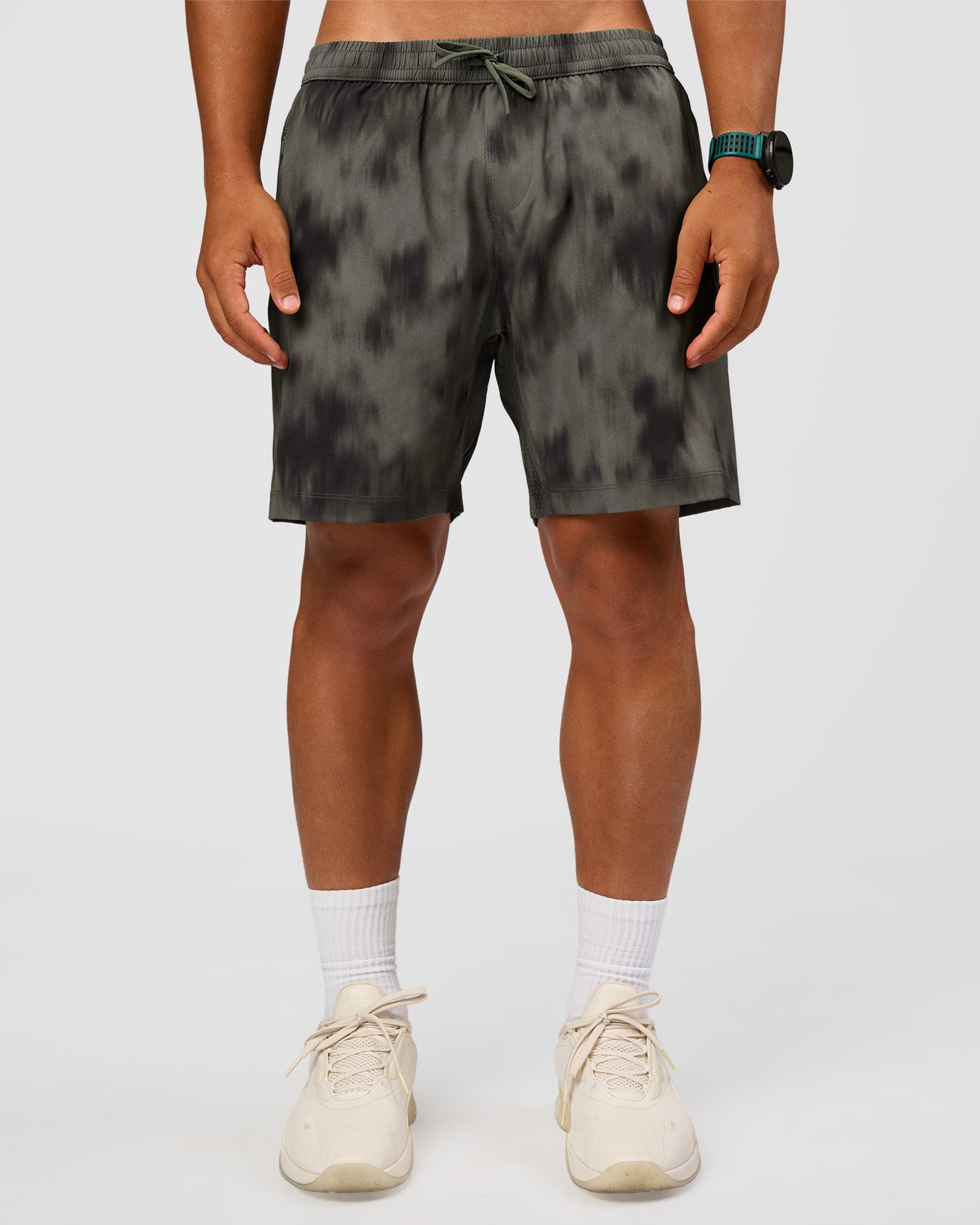 Man wearing Rep 7" Performance Short - Camo Washed Walnut Grey | Model:George | Size:M