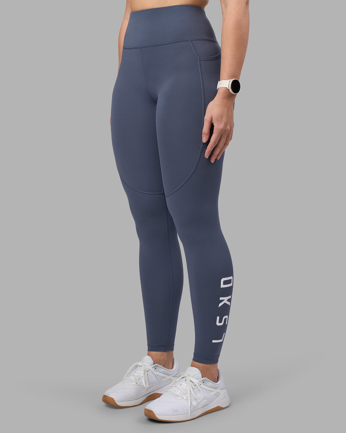 Woman wearing Rep Ultra High-Rise Full Length Legging Pockets - Night Shadow-White | Model:Amy | Size:M