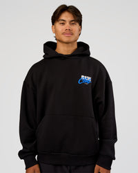 Man wearing Run Club Script Oversized Hoodie - Black-Palace Blue | Model:George | Size:M