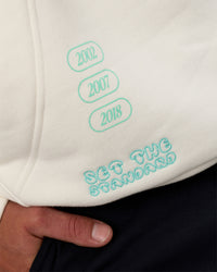 Man wearing Sticker Unisex Oversized Hoodie - Off White-Jelly Mint | Model:Konnor | Size:M