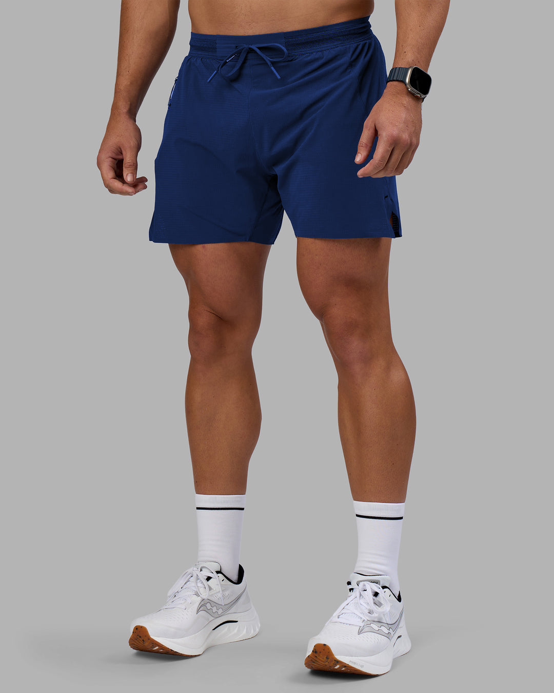 Man wearing UltraAir 5" Lined Performance Short - Midnight Blue | Model:Jaiden | Size:M