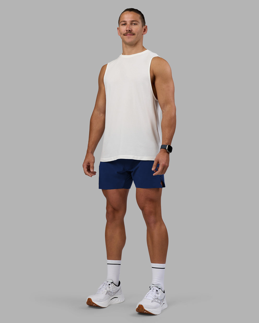 Man wearing UltraAir 5" Lined Performance Short - Midnight Blue | Model:Jaiden | Size:M