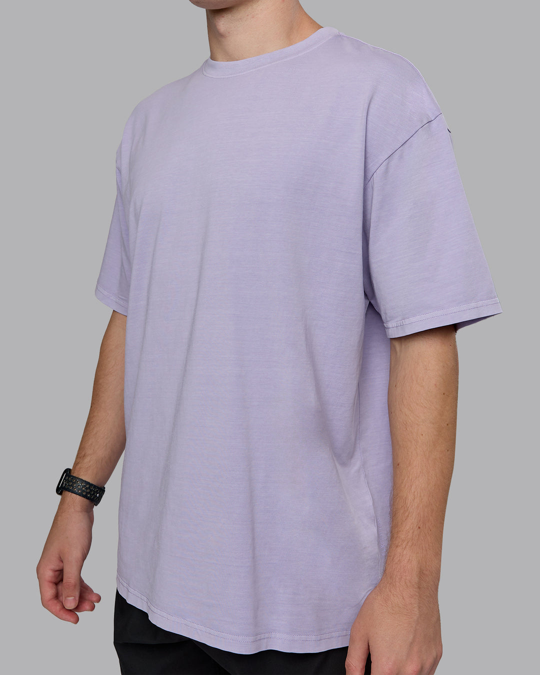 Man wearing Heart FLXCotton Oversized Tee - Washed Violet Ray-White | Model:Cameron | Size:M